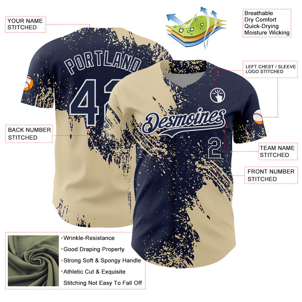 Custom Cream Navy-White 3D Pattern Design Abstract Brush Stroke Authentic Baseball Jersey - Sky-Custom
