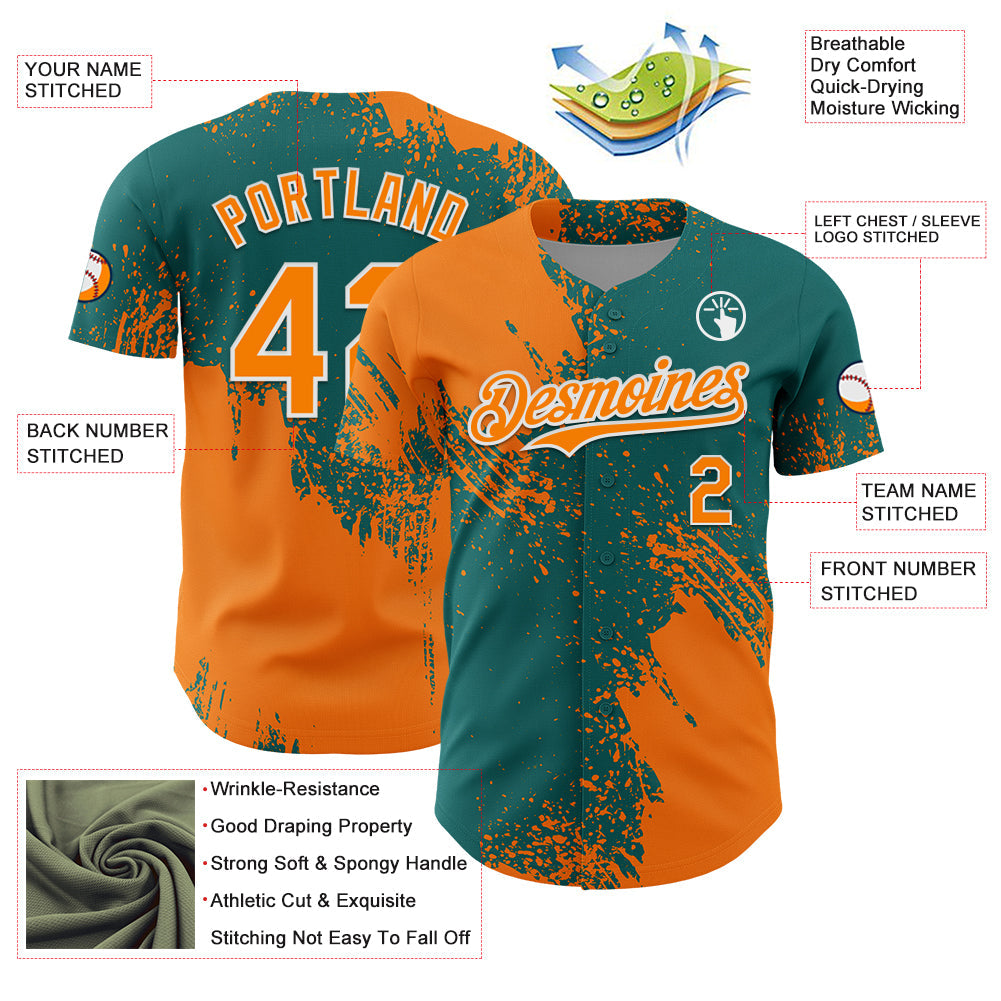 Custom Bay Orange Teal-White 3D Pattern Design Abstract Brush Stroke Authentic Baseball Jersey - Sky-Custom