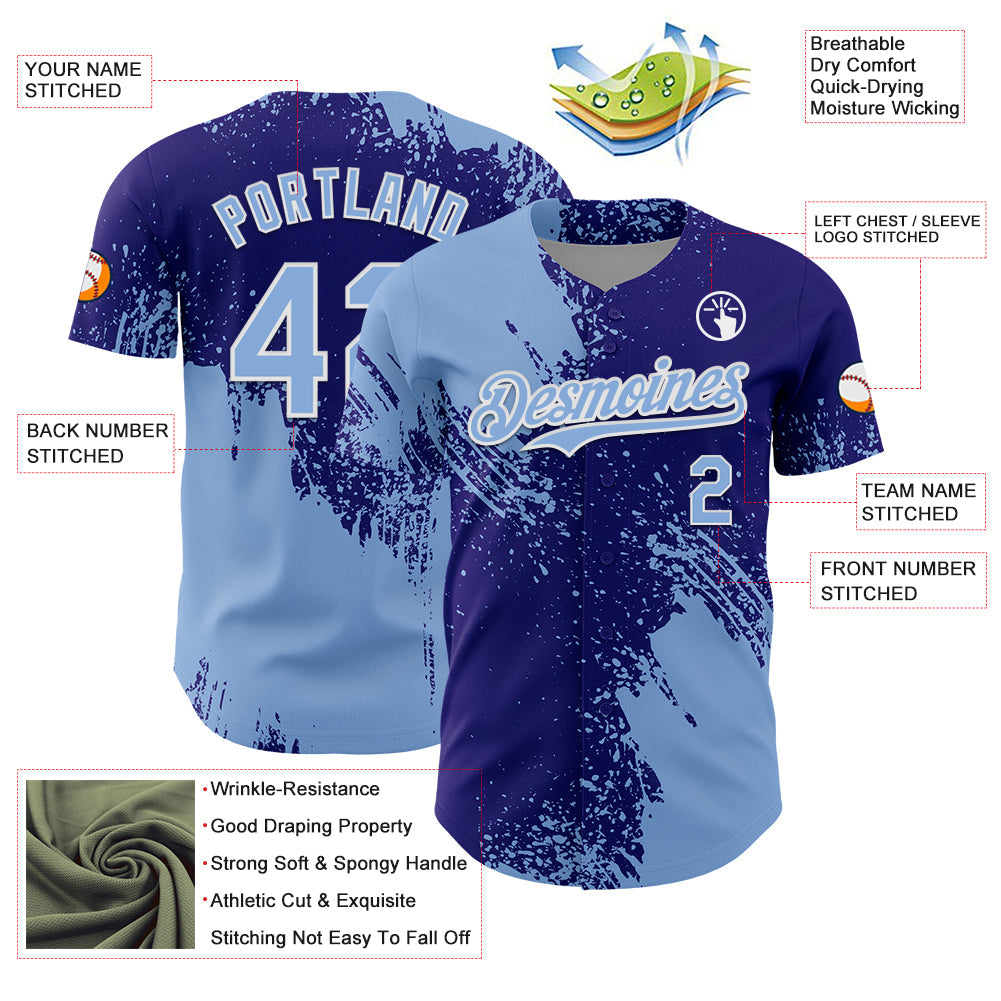 Custom Light Blue Dark Purple-White 3D Pattern Design Abstract Brush Stroke Authentic Baseball Jersey - Sky-Custom