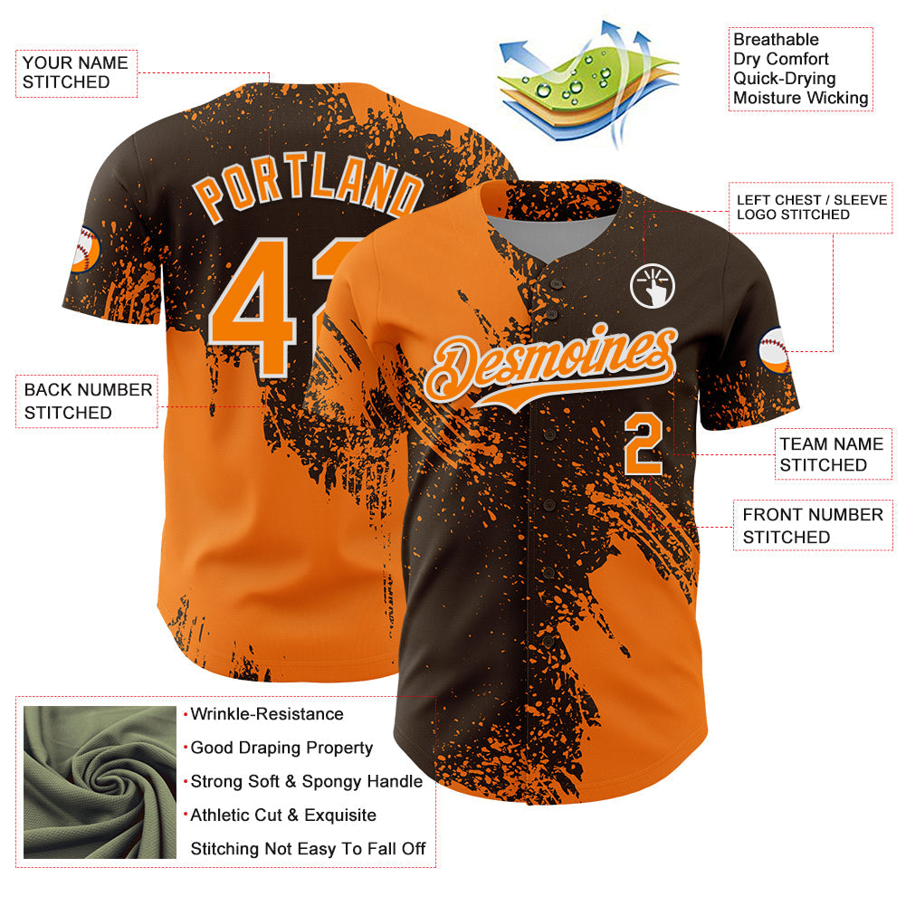Custom Bay Orange Brown-White 3D Pattern Design Abstract Brush Stroke Authentic Baseball Jersey - Sky-Custom
