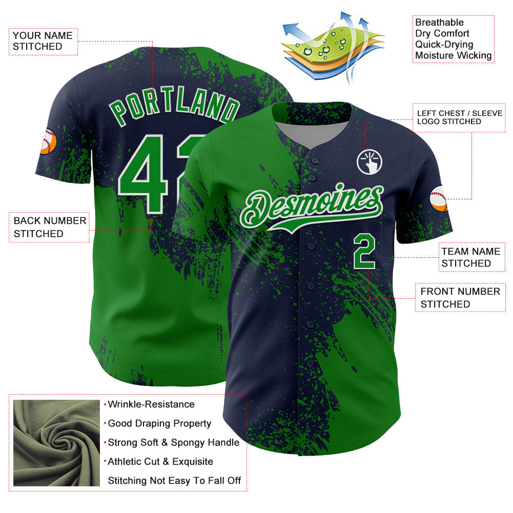 Custom Grass Green Navy-White 3D Pattern Design Abstract Brush Stroke Authentic Baseball Jersey - Sky-Custom