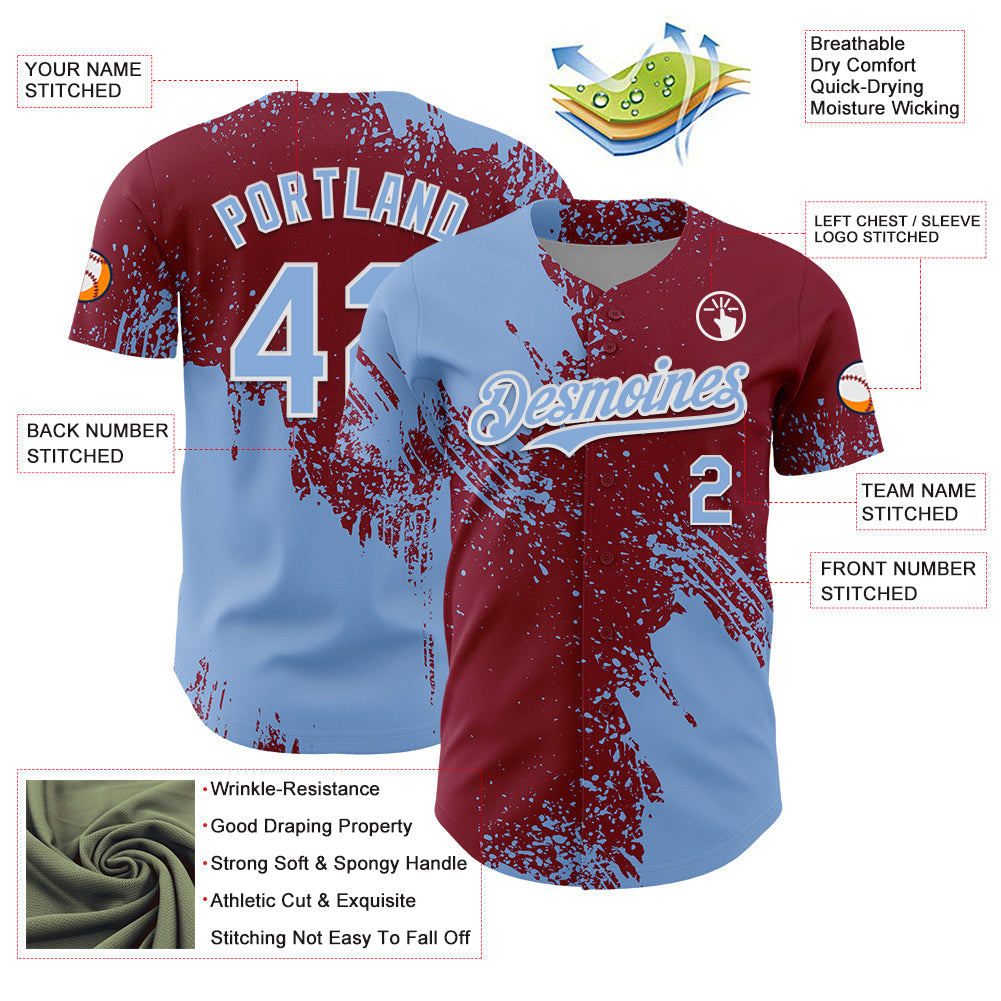 Custom Light Blue Crimson-White 3D Pattern Design Abstract Brush Stroke Authentic Baseball Jersey - Sky-Custom