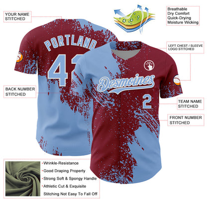 Custom Light Blue Crimson-White 3D Pattern Design Abstract Brush Stroke Authentic Baseball Jersey - Sky-Custom