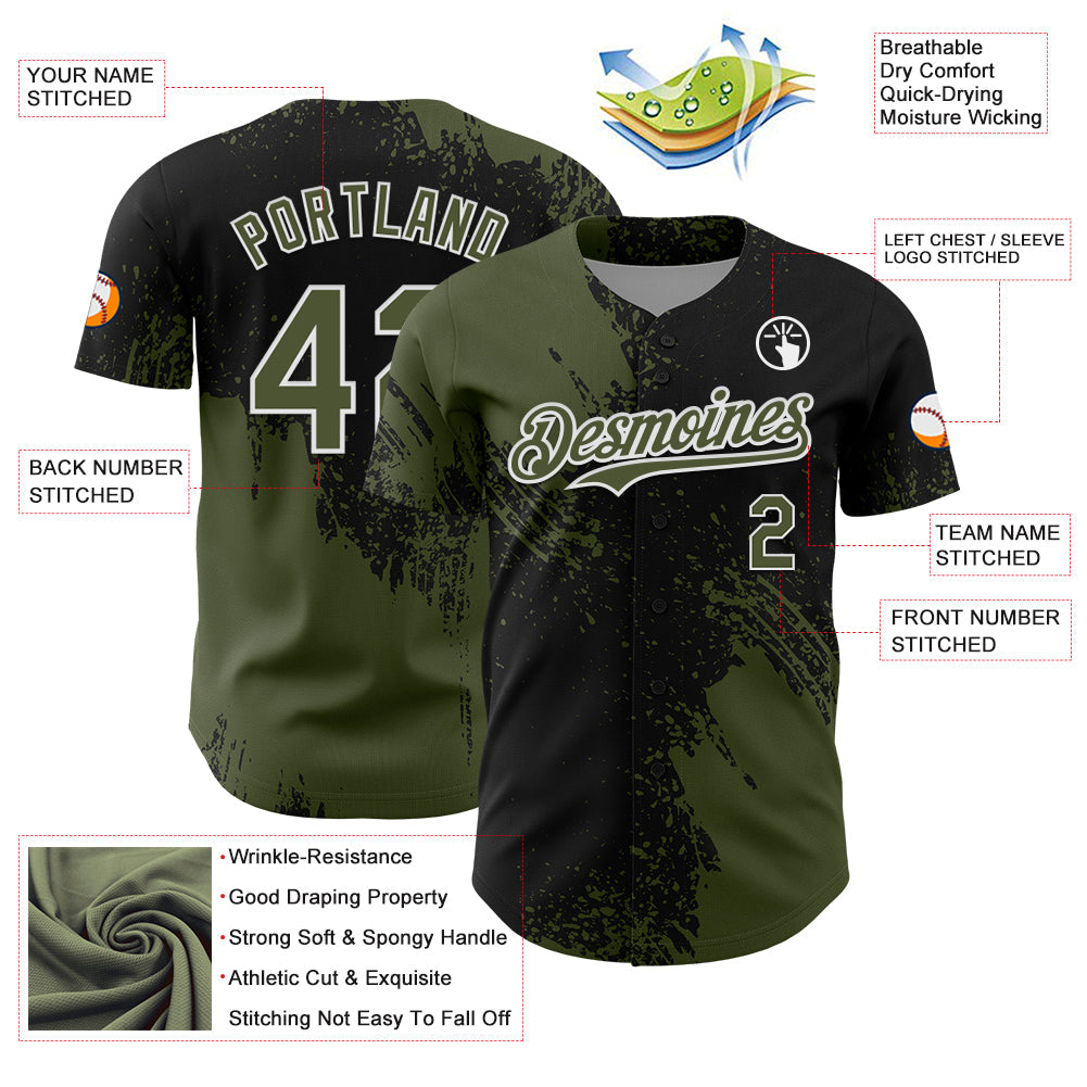 Custom Olive Black-White 3D Pattern Design Abstract Brush Stroke Authentic Baseball Jersey - Sky-Custom