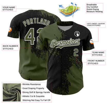 Custom Olive Black-White 3D Pattern Design Abstract Brush Stroke Authentic Baseball Jersey - Sky-Custom