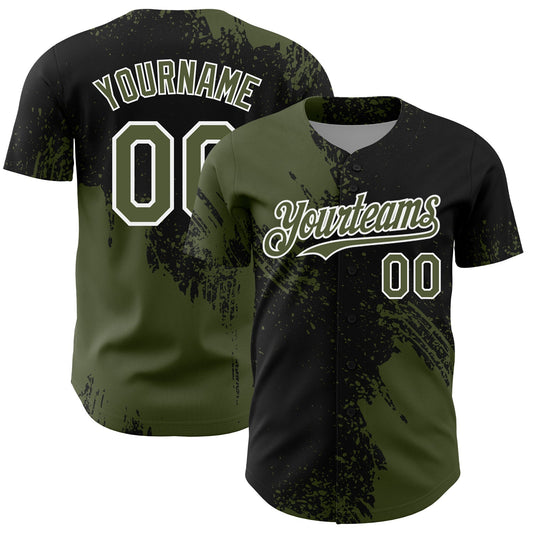 Custom Olive Black-White 3D Pattern Design Abstract Brush Stroke Authentic Baseball Jersey - Sky-Custom