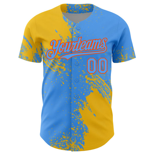 Custom Yellow Electric Blue-Orange 3D Pattern Design Abstract Brush Stroke Authentic Baseball Jersey - Sky-Custom