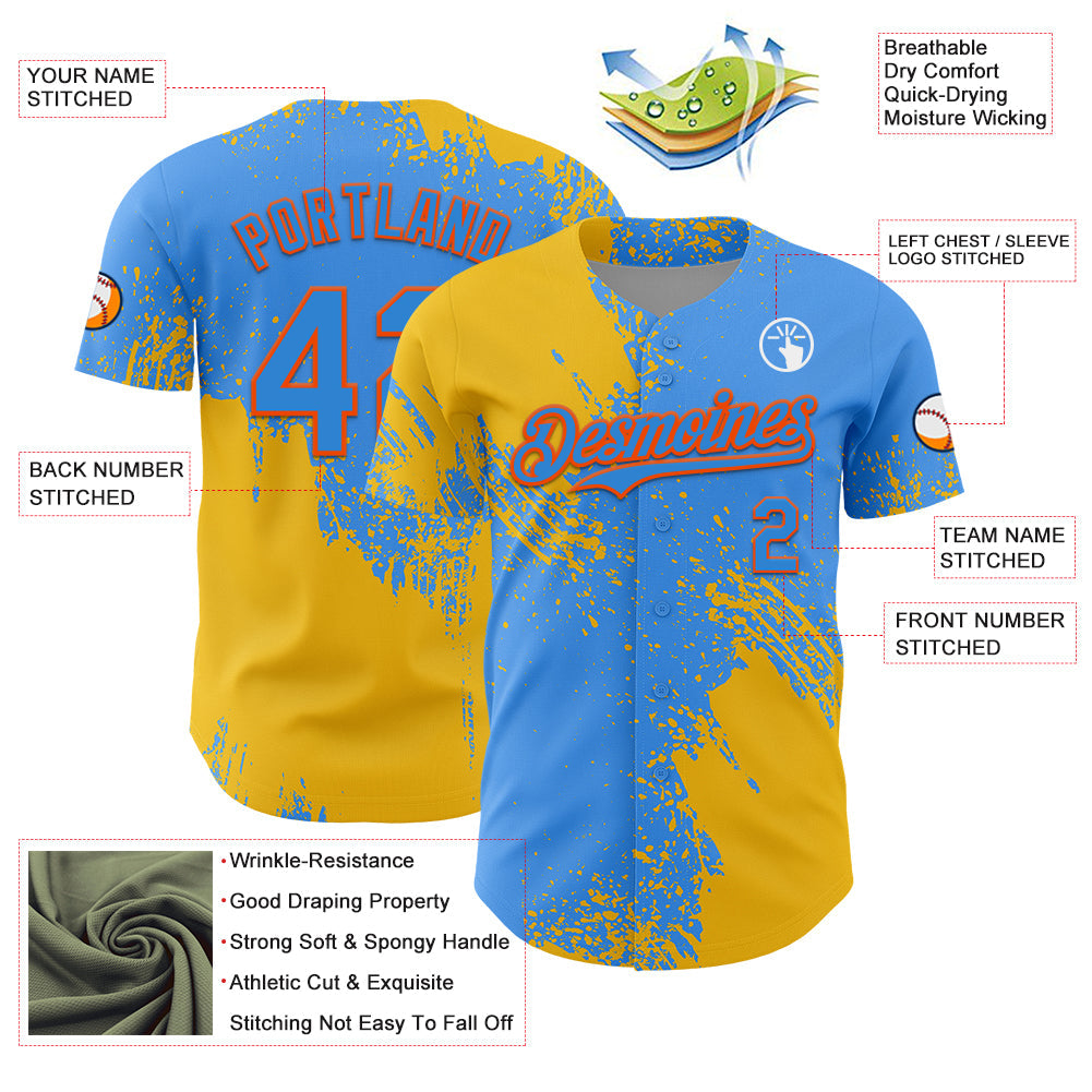 Custom Yellow Electric Blue-Orange 3D Pattern Design Abstract Brush Stroke Authentic Baseball Jersey - Sky-Custom