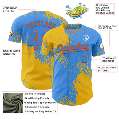 Custom Yellow Electric Blue-Orange 3D Pattern Design Abstract Brush Stroke Authentic Baseball Jersey - Sky-Custom