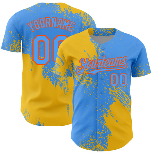 Custom Yellow Electric Blue-Orange 3D Pattern Design Abstract Brush Stroke Authentic Baseball Jersey - Sky-Custom