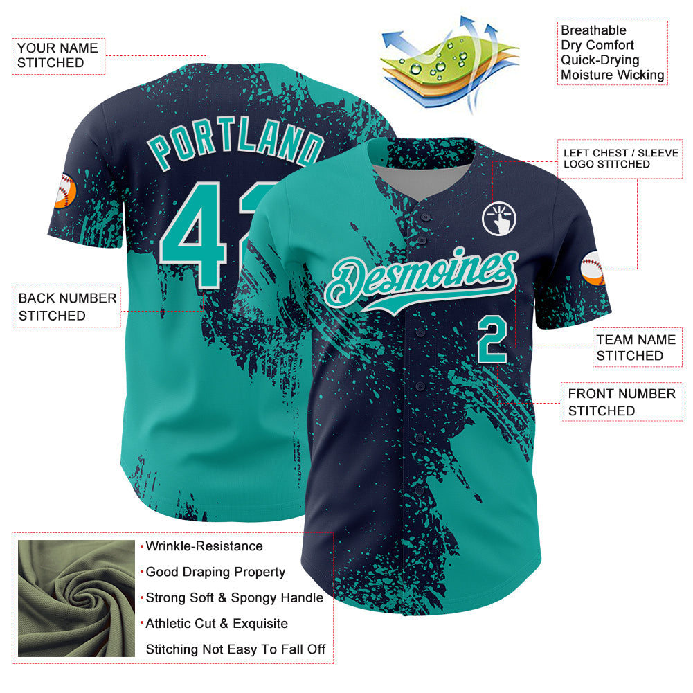 Custom Aqua Navy-White 3D Pattern Design Abstract Brush Stroke Authentic Baseball Jersey - Sky-Custom