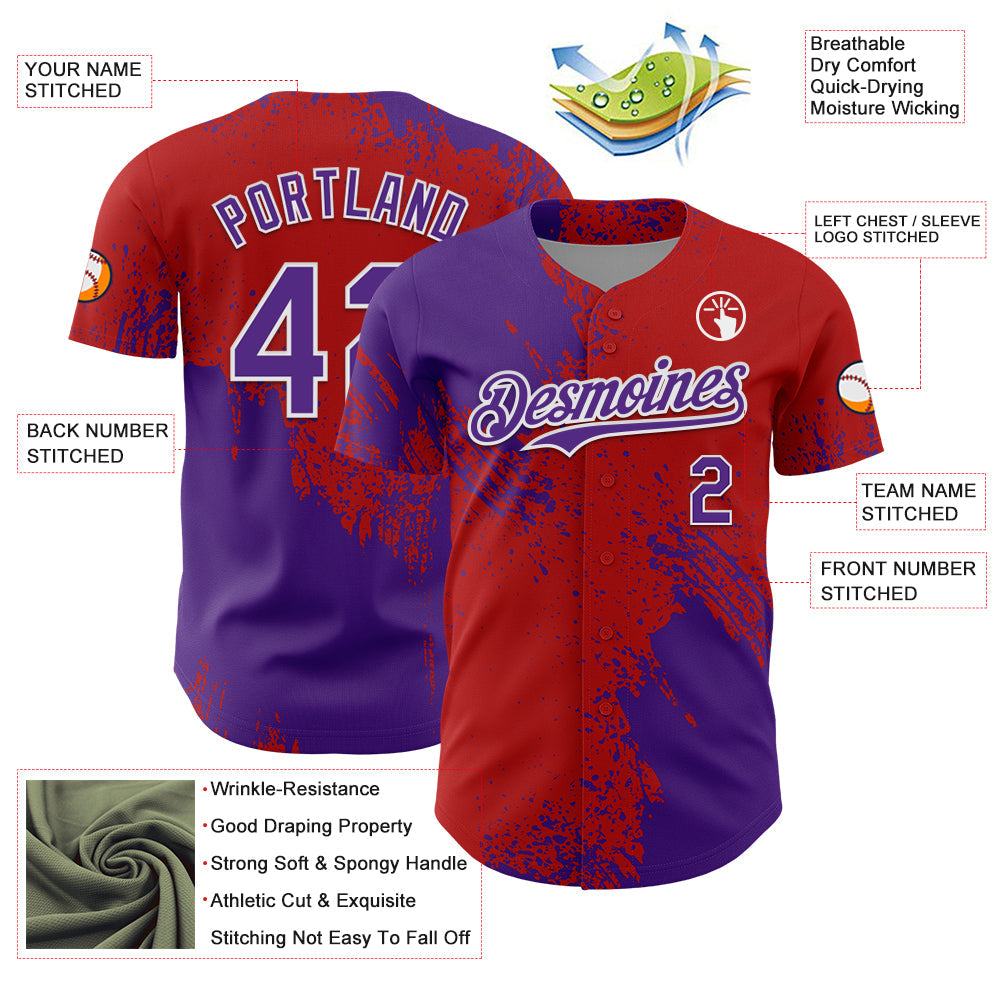 Custom Purple Red-White 3D Pattern Design Abstract Brush Stroke Authentic Baseball Jersey - Sky-Custom
