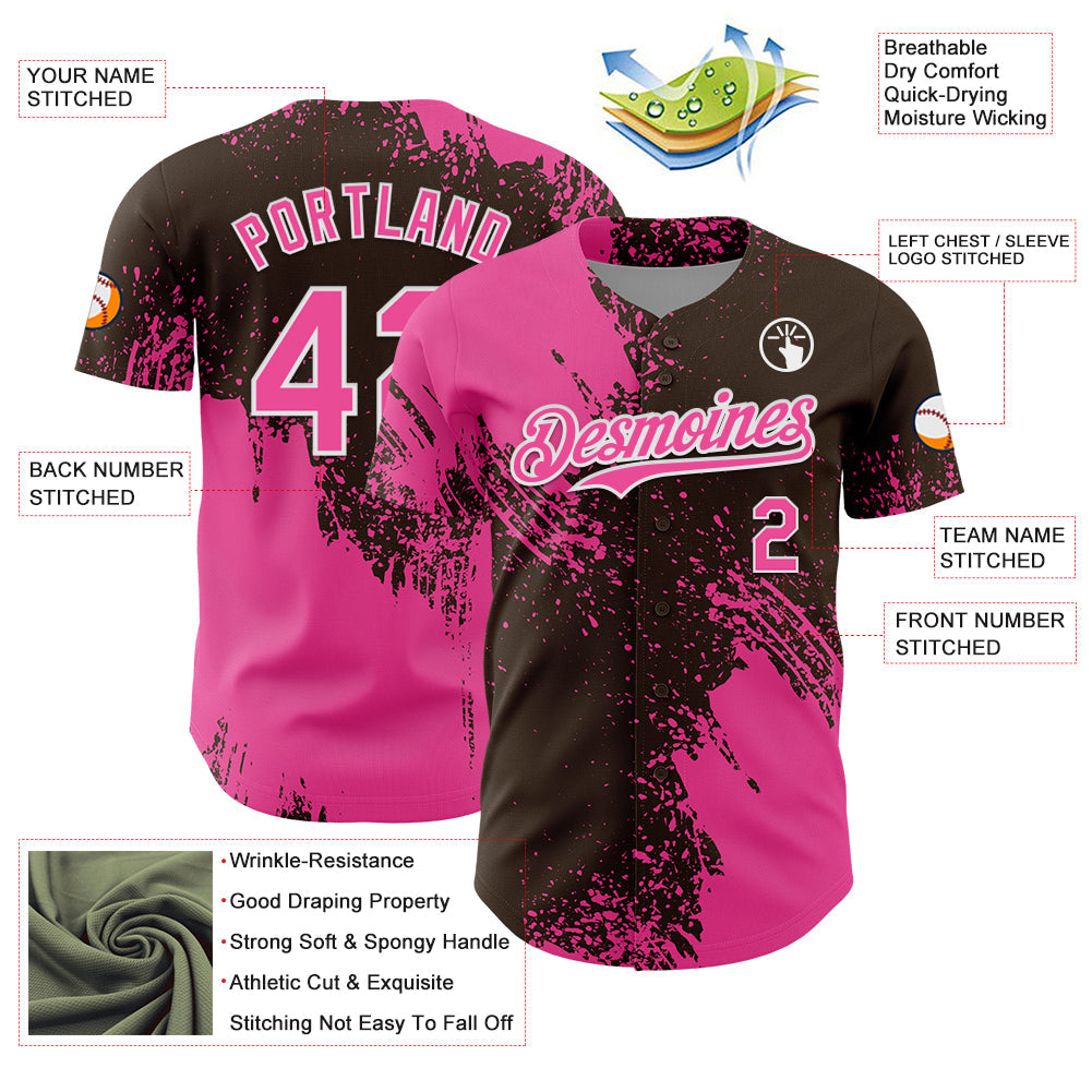 Custom Pink Brown-White 3D Pattern Design Abstract Brush Stroke Authentic Baseball Jersey - Sky-Custom