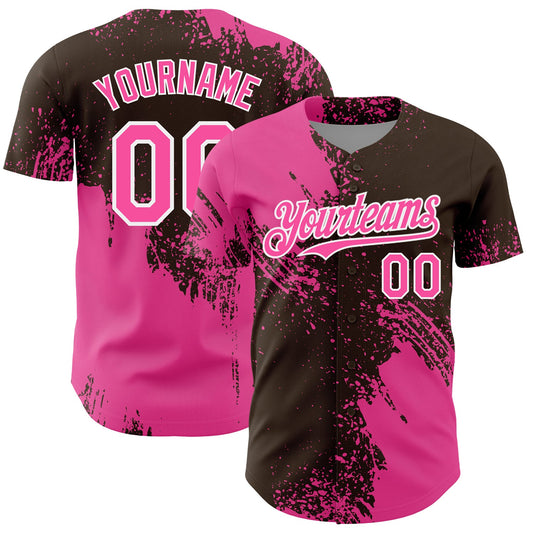 Custom Pink Brown-White 3D Pattern Design Abstract Brush Stroke Authentic Baseball Jersey - Sky-Custom