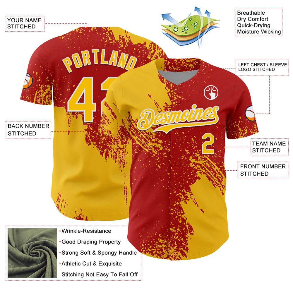 Custom Yellow Red-White 3D Pattern Design Abstract Brush Stroke Authentic Baseball Jersey - Sky-Custom