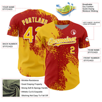 Custom Yellow Red-White 3D Pattern Design Abstract Brush Stroke Authentic Baseball Jersey - Sky-Custom