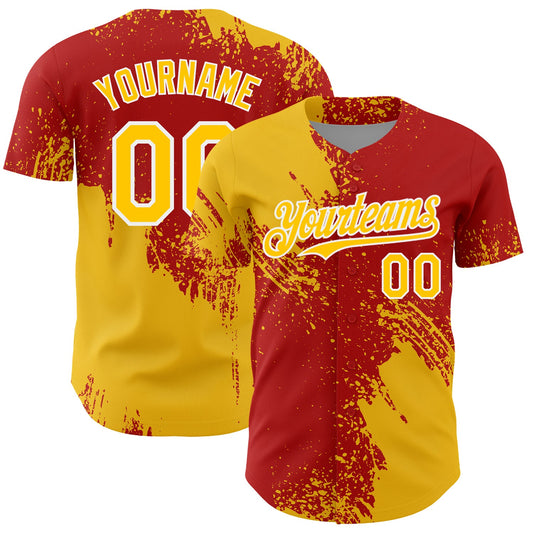 Custom Yellow Red-White 3D Pattern Design Abstract Brush Stroke Authentic Baseball Jersey - Sky-Custom