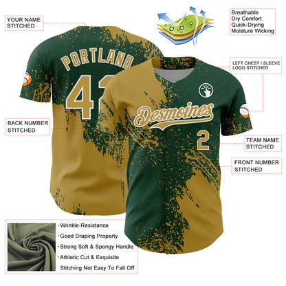 Custom Old Gold Green-White 3D Pattern Design Abstract Brush Stroke Authentic Baseball Jersey - Sky-Custom