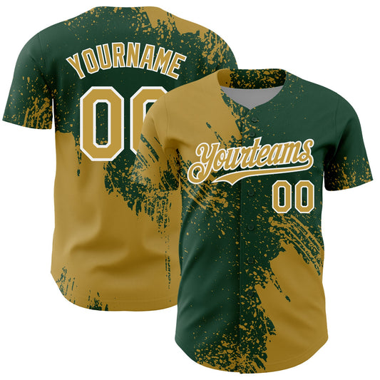 Custom Old Gold Green-White 3D Pattern Design Abstract Brush Stroke Authentic Baseball Jersey - Sky-Custom