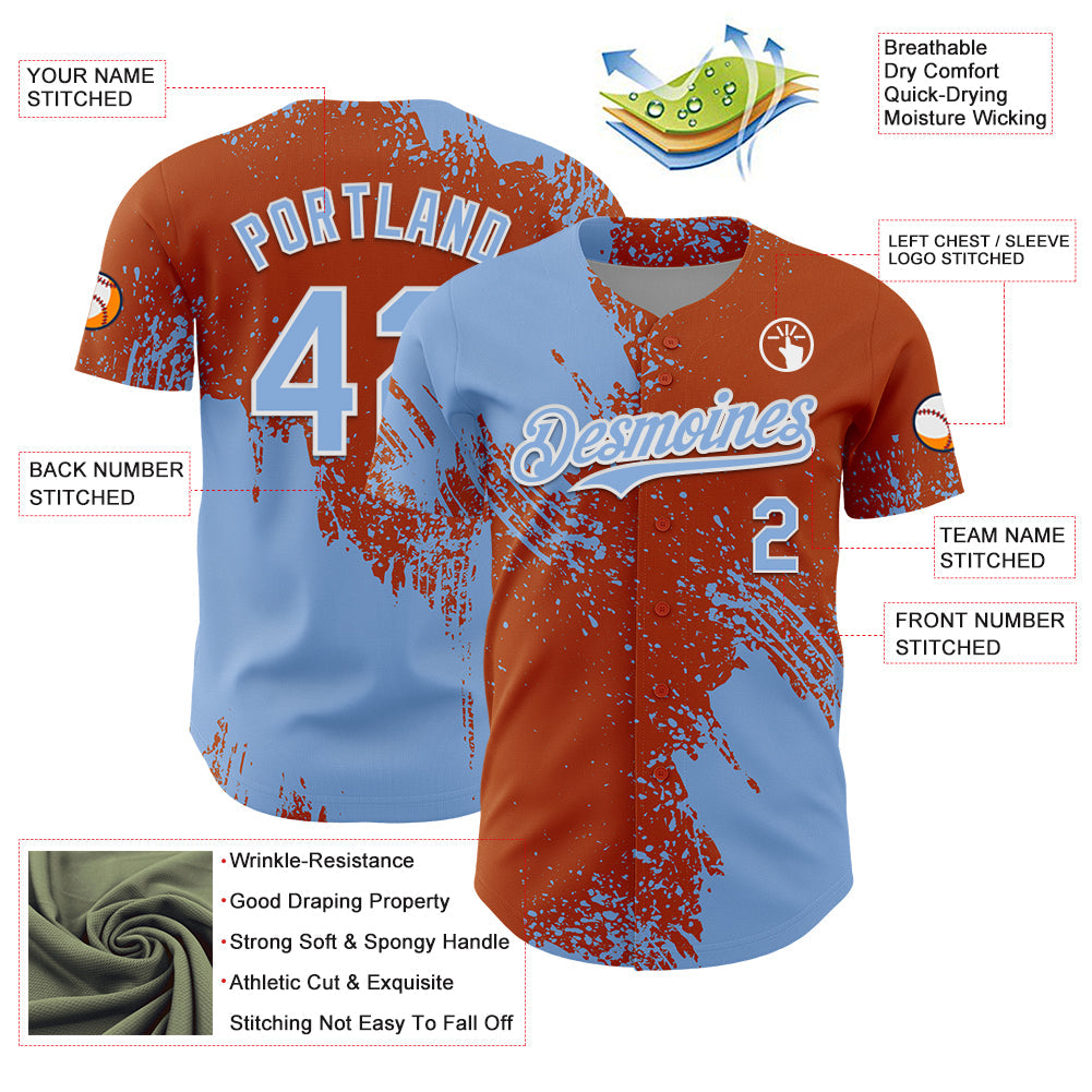 Custom Light Blue Texas Orange-White 3D Pattern Design Abstract Brush Stroke Authentic Baseball Jersey - Sky-Custom