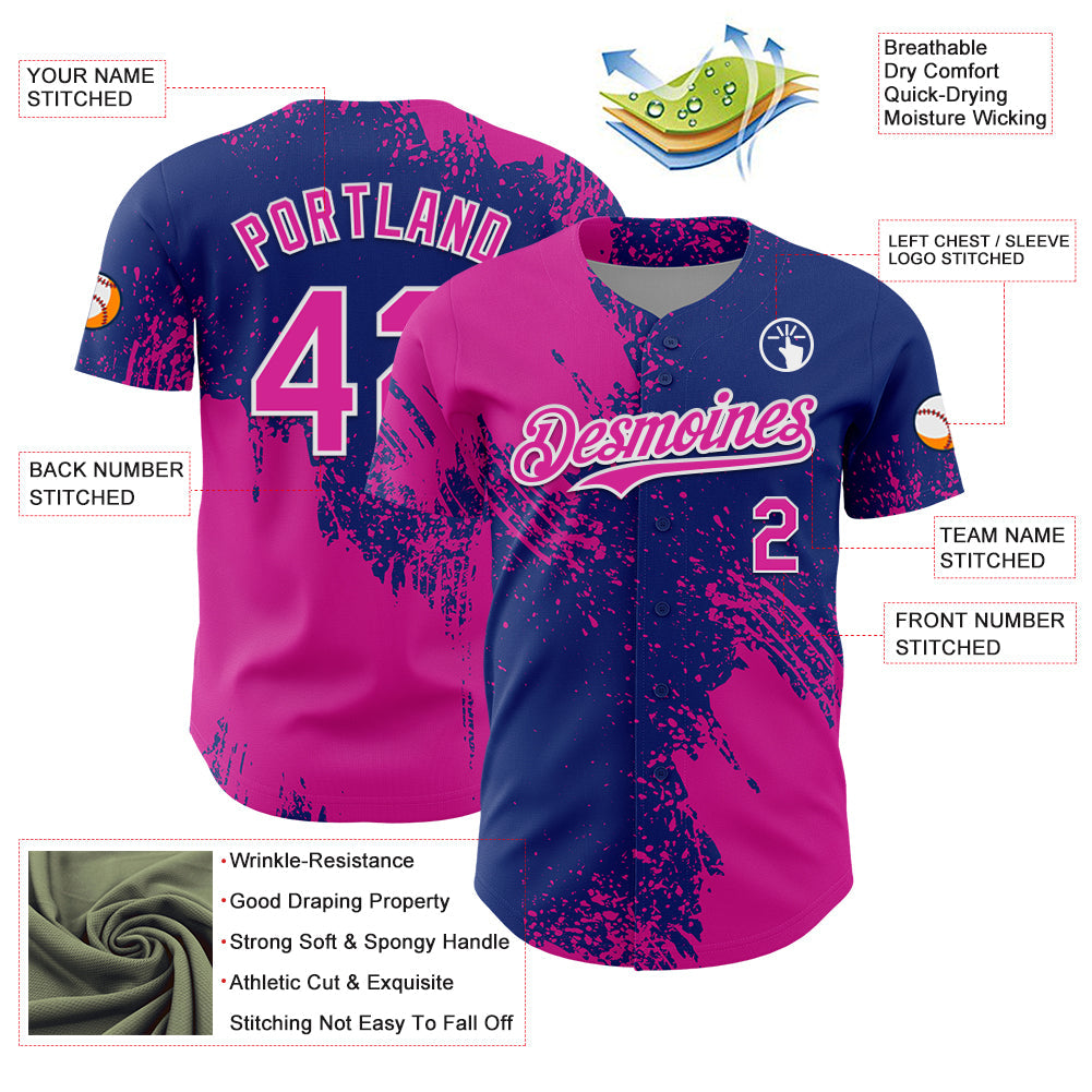 Custom Deep Pink Royal-White 3D Pattern Design Abstract Brush Stroke Authentic Baseball Jersey - Sky-Custom