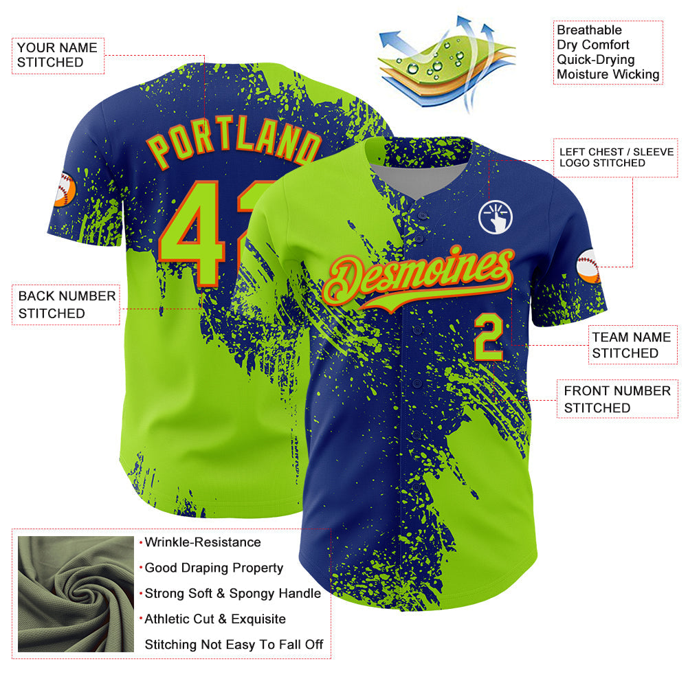 Custom Neon Green Royal-Orange 3D Pattern Design Abstract Brush Stroke Authentic Baseball Jersey - Sky-Custom