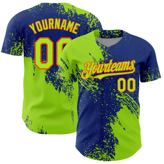 Custom Neon Green Royal-Orange 3D Pattern Design Abstract Brush Stroke Authentic Baseball Jersey - Sky-Custom