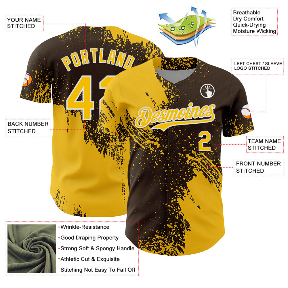 Custom Yellow Brown-White 3D Pattern Design Abstract Brush Stroke Authentic Baseball Jersey - Sky-Custom