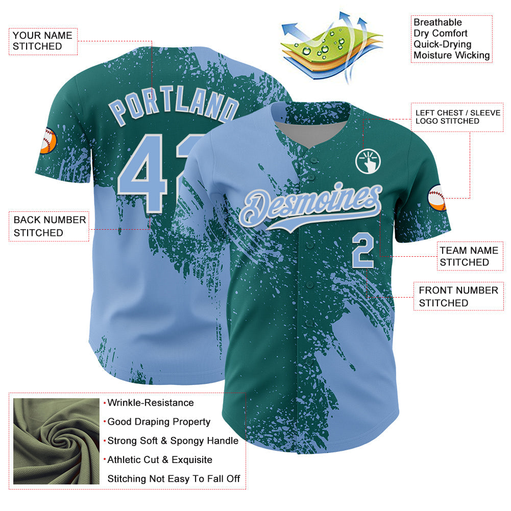 Custom Light Blue Teal-White 3D Pattern Design Abstract Brush Stroke Authentic Baseball Jersey - Sky-Custom