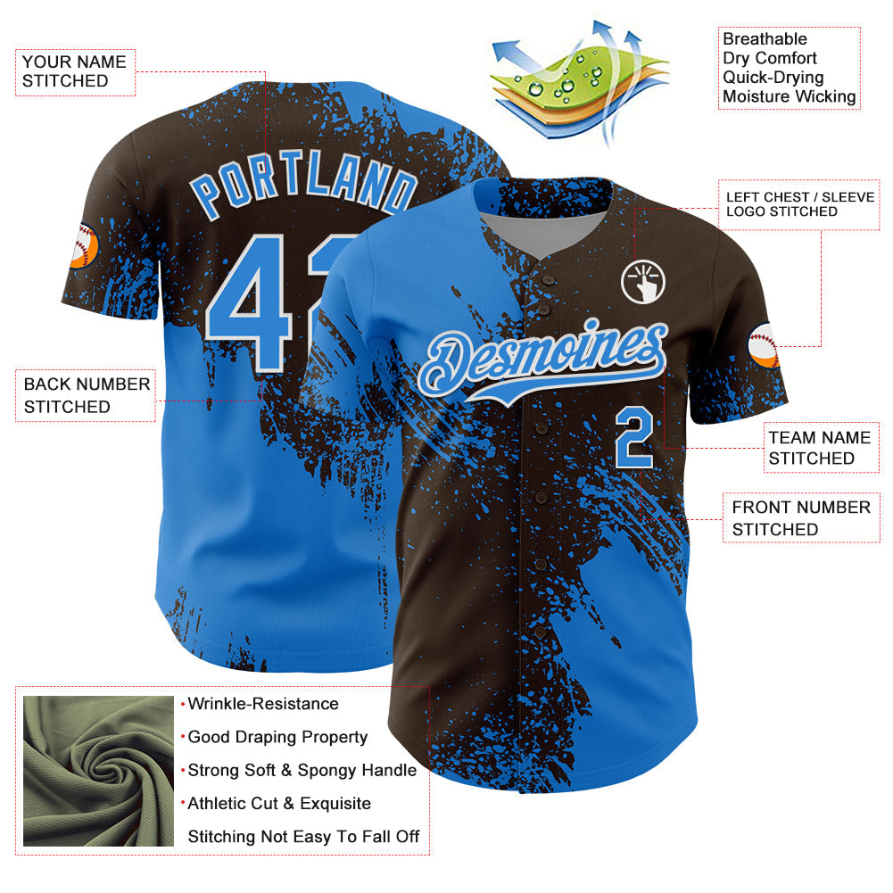 Custom Electric Blue Brown-White 3D Pattern Design Abstract Brush Stroke Authentic Baseball Jersey - Sky-Custom