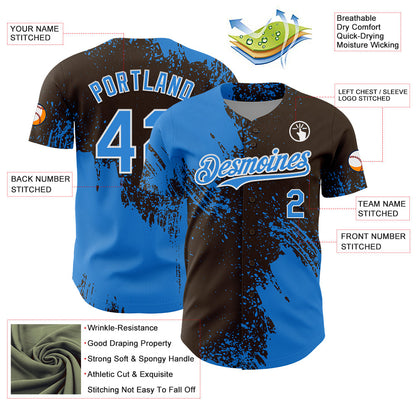 Custom Electric Blue Brown-White 3D Pattern Design Abstract Brush Stroke Authentic Baseball Jersey - Sky-Custom