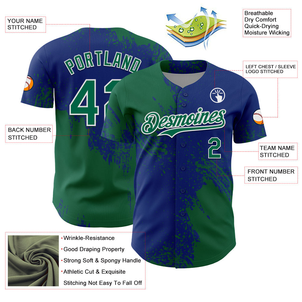 Custom Kelly Green Royal-White 3D Pattern Design Abstract Brush Stroke Authentic Baseball Jersey - Sky-Custom