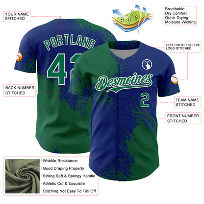 Custom Kelly Green Royal-White 3D Pattern Design Abstract Brush Stroke Authentic Baseball Jersey - Sky-Custom