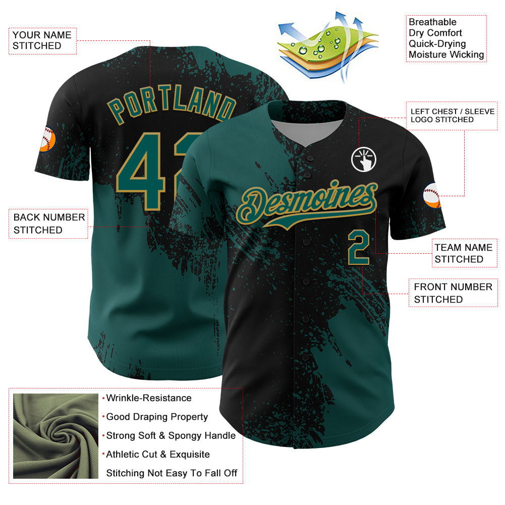 Custom Midnight Green Black-Old Gold 3D Pattern Design Abstract Brush Stroke Authentic Baseball Jersey - Sky-Custom