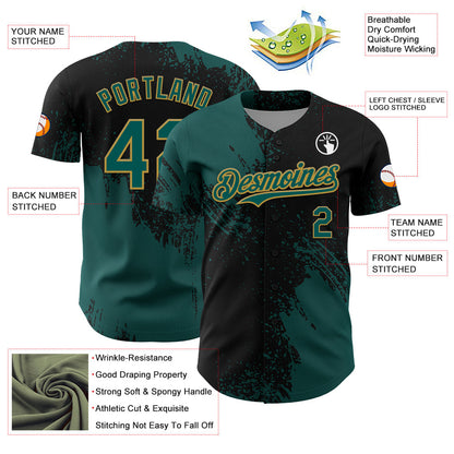 Custom Midnight Green Black-Old Gold 3D Pattern Design Abstract Brush Stroke Authentic Baseball Jersey - Sky-Custom
