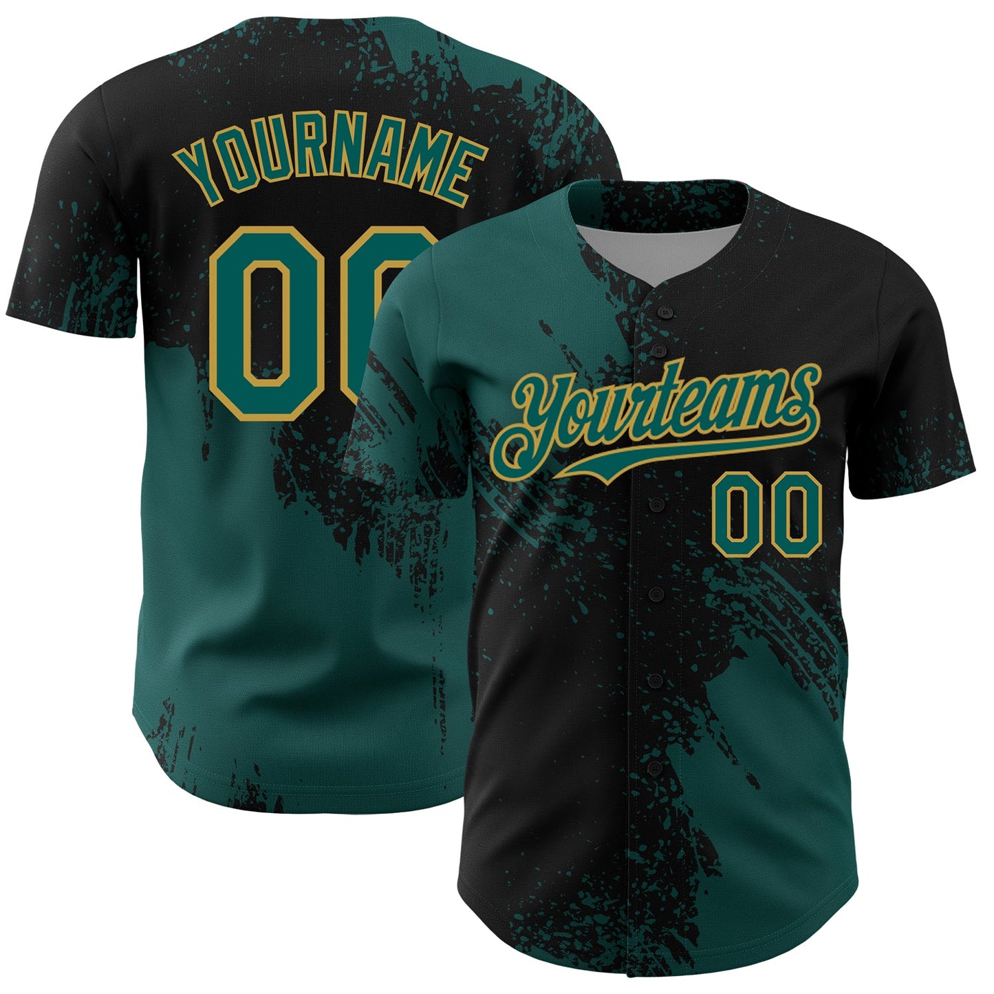 Custom Midnight Green Black-Old Gold 3D Pattern Design Abstract Brush Stroke Authentic Baseball Jersey - Sky-Custom