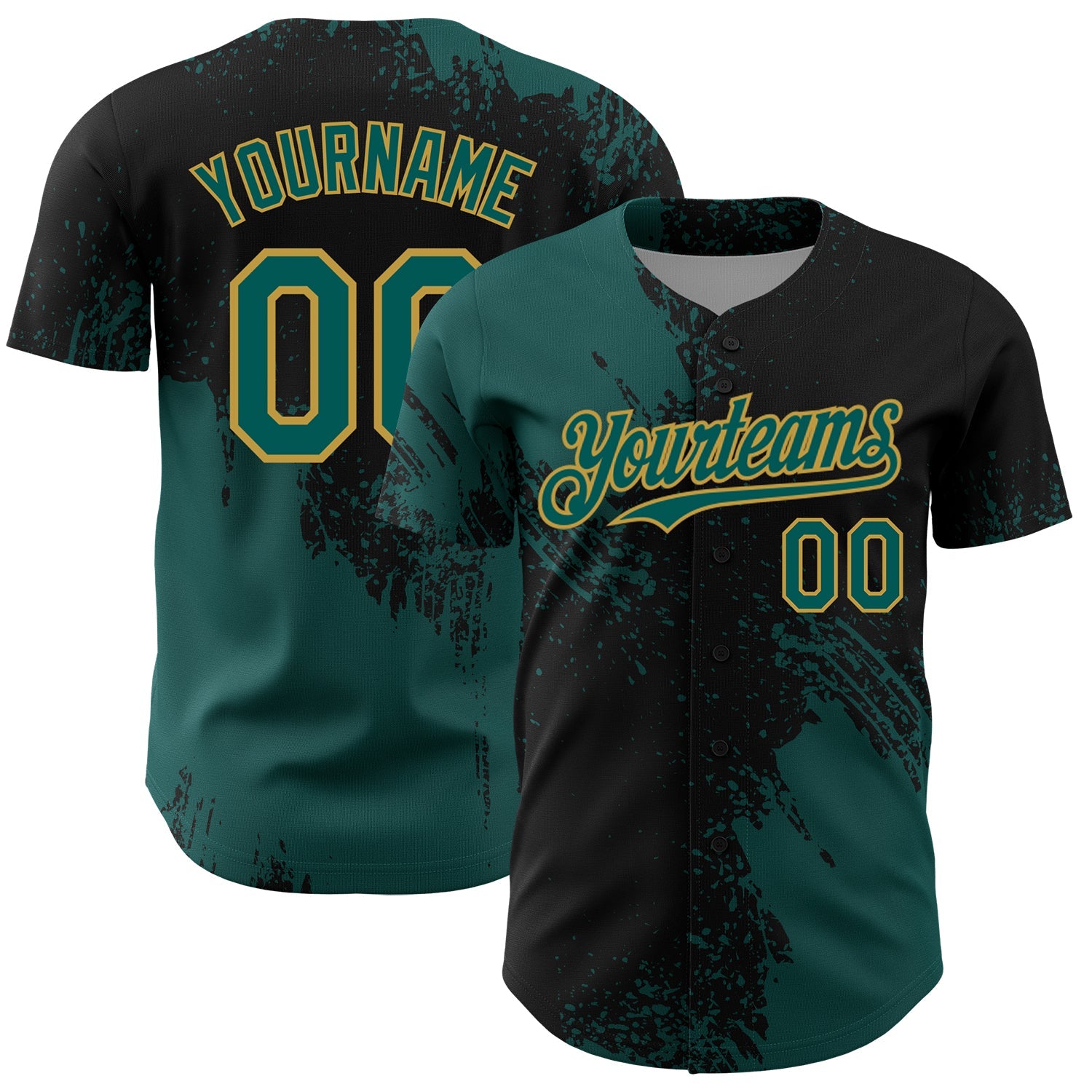 Custom Midnight Green Black-Old Gold 3D Pattern Design Abstract Brush Stroke Authentic Baseball Jersey - Sky-Custom