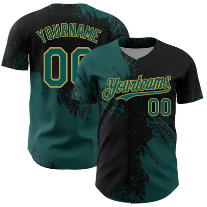 Custom Midnight Green Black-Old Gold 3D Pattern Design Abstract Brush Stroke Authentic Baseball Jersey - Sky-Custom