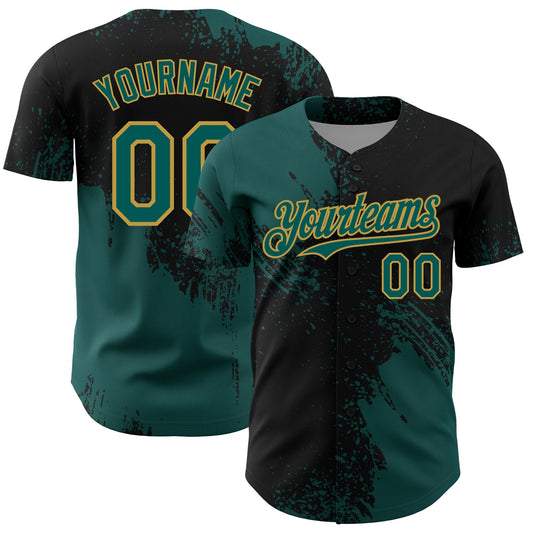 Custom Midnight Green Black-Old Gold 3D Pattern Design Abstract Brush Stroke Authentic Baseball Jersey - Sky-Custom