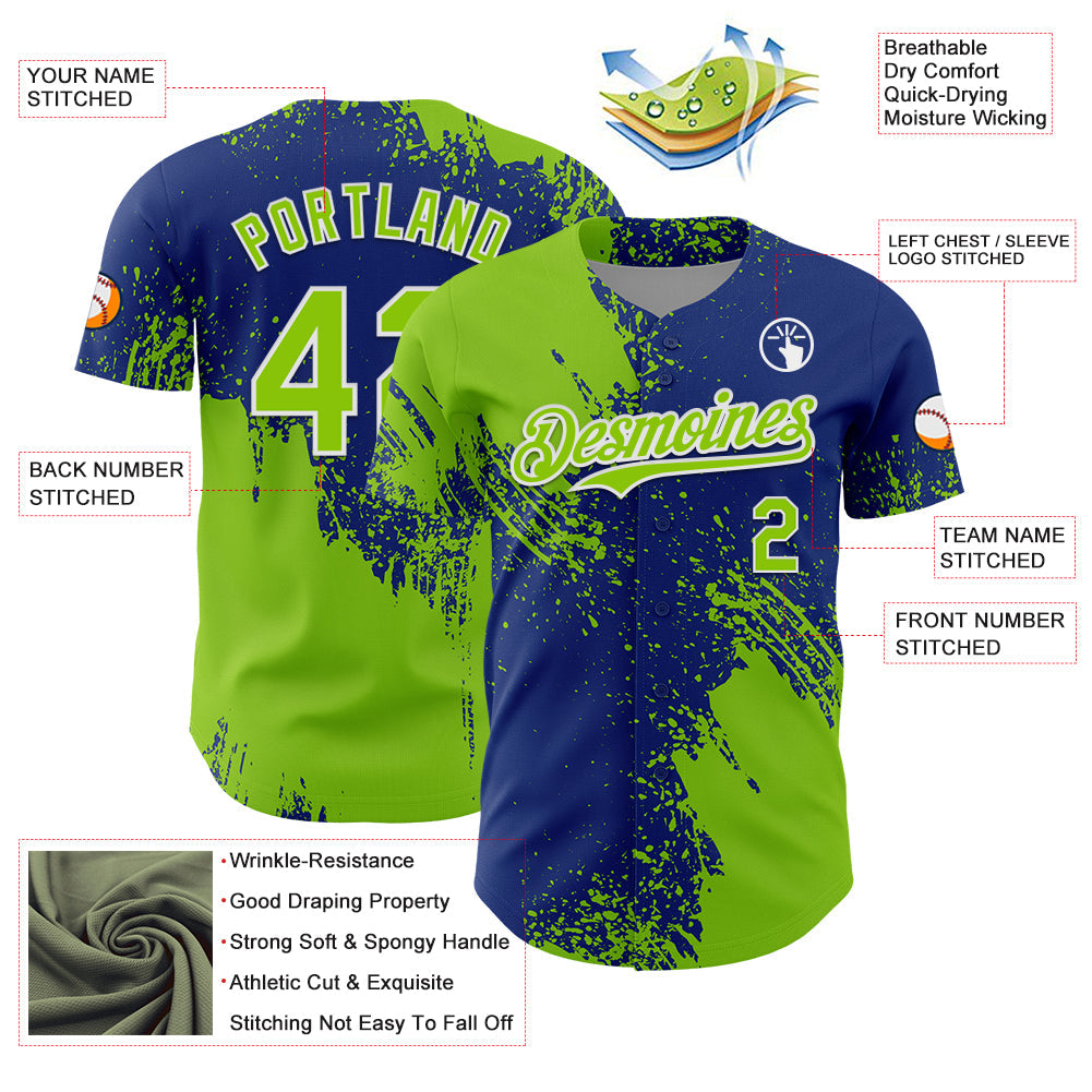 Custom Neon Green Royal-White 3D Pattern Design Abstract Brush Stroke Authentic Baseball Jersey - Sky-Custom