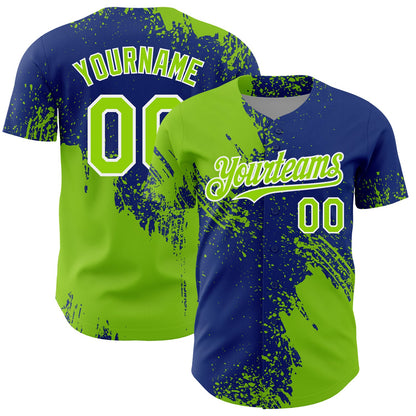 Custom Neon Green Royal-White 3D Pattern Design Abstract Brush Stroke Authentic Baseball Jersey - Sky-Custom