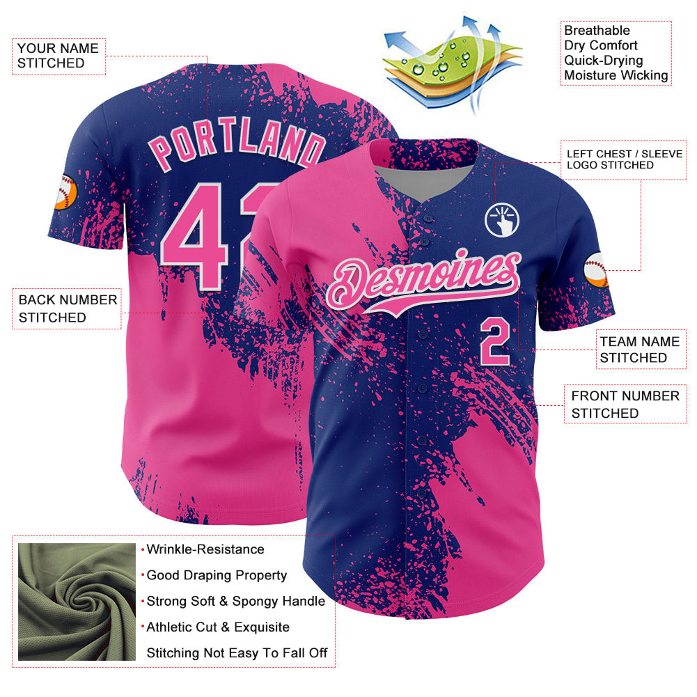Custom Pink Royal-White 3D Pattern Design Abstract Brush Stroke Authentic Baseball Jersey - Sky-Custom