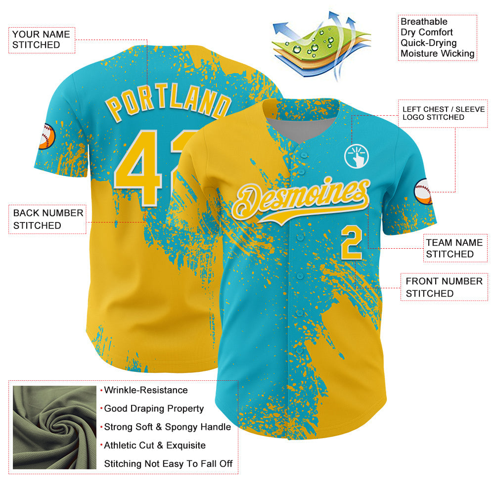 Custom Yellow Lakes Blue-White 3D Pattern Design Abstract Brush Stroke Authentic Baseball Jersey - Sky-Custom