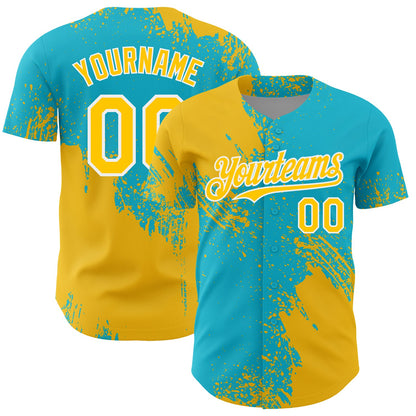 Custom Yellow Lakes Blue-White 3D Pattern Design Abstract Brush Stroke Authentic Baseball Jersey - Sky-Custom