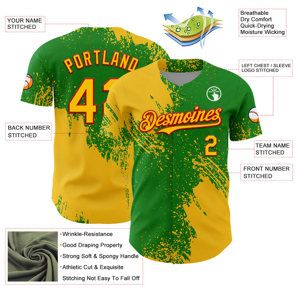 Custom Yellow Grass Green-Red 3D Pattern Design Abstract Brush Stroke Authentic Baseball Jersey - Sky-Custom