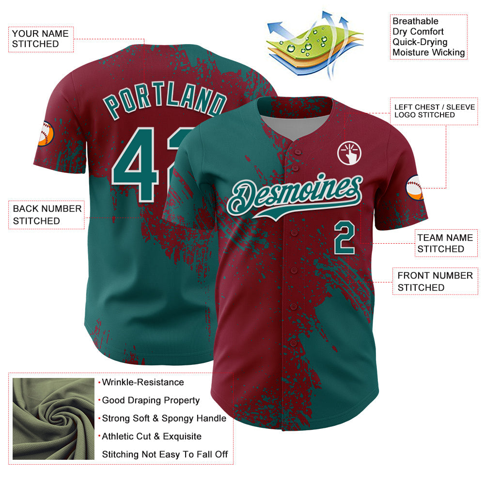 Custom Teal Crimson-White 3D Pattern Design Abstract Brush Stroke Authentic Baseball Jersey - Sky-Custom