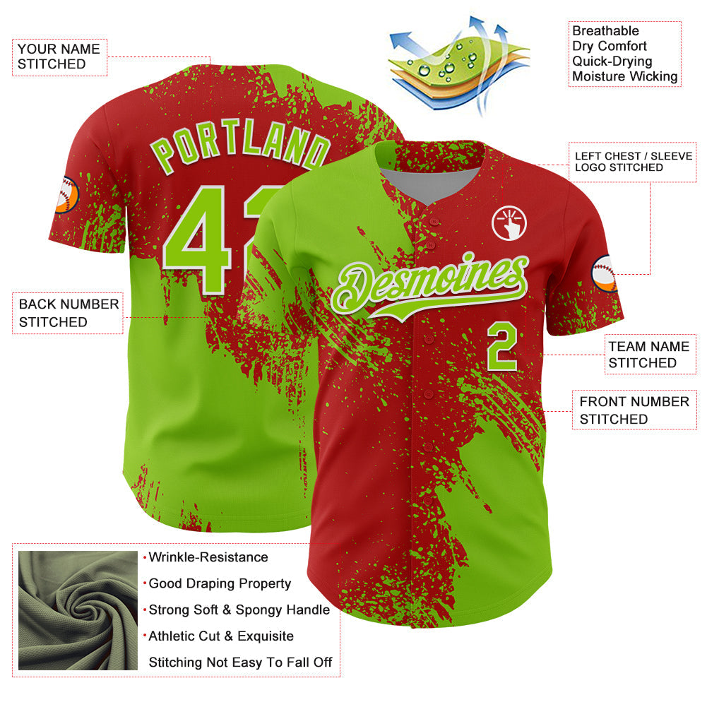 Custom Neon Green Red-White 3D Pattern Design Abstract Brush Stroke Authentic Baseball Jersey - Sky-Custom