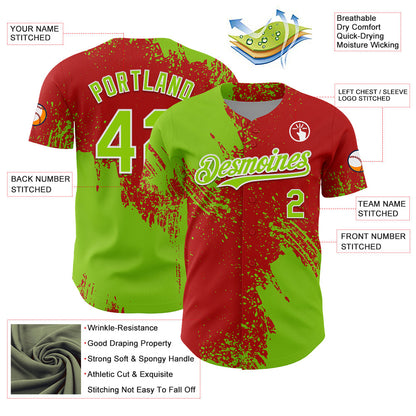 Custom Neon Green Red-White 3D Pattern Design Abstract Brush Stroke Authentic Baseball Jersey - Sky-Custom