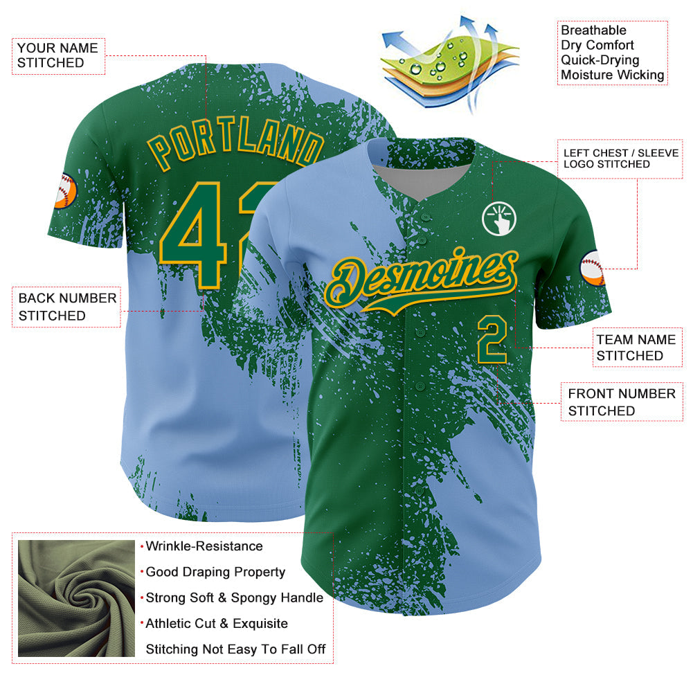 Custom Light Blue Kelly Green-Gold 3D Pattern Design Abstract Brush Stroke Authentic Baseball Jersey - Sky-Custom