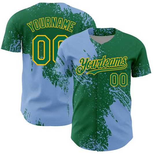 Custom Light Blue Kelly Green-Gold 3D Pattern Design Abstract Brush Stroke Authentic Baseball Jersey - Sky-Custom